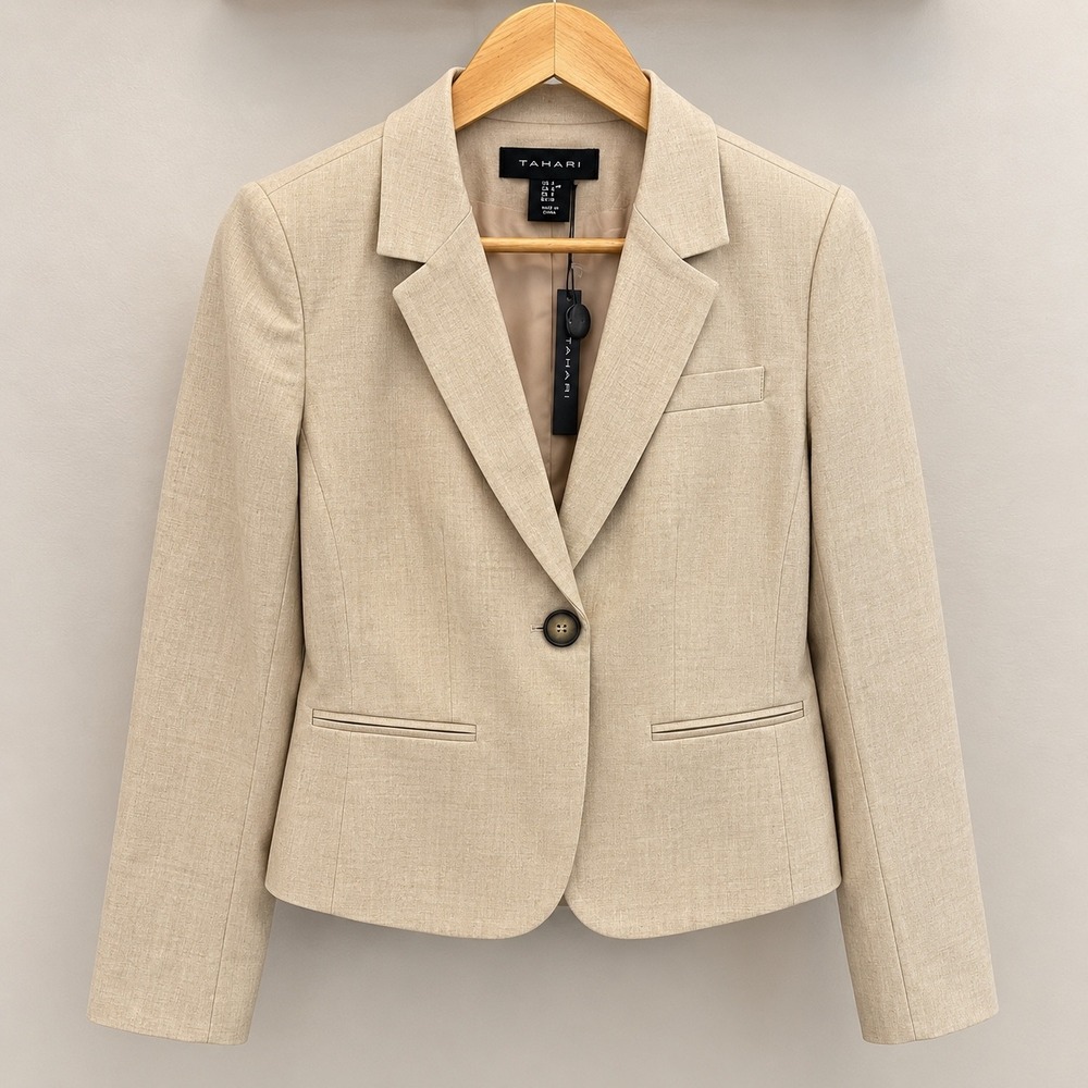 Tahari Petite Small Linen Blend One Button Blazer NWT Classic Minimalist Office